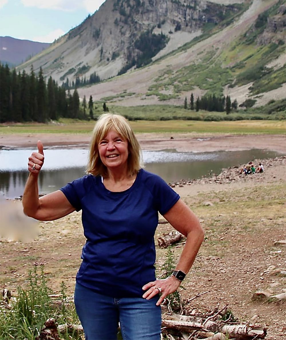 Sue Strauss with her thumb up