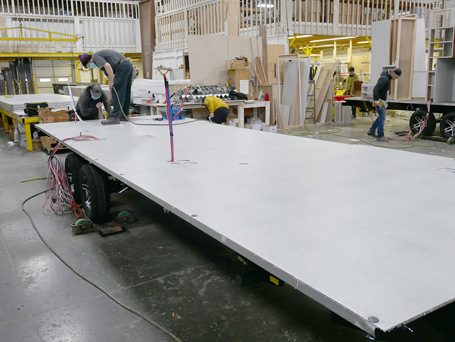 Technicians preparing a Hyperdeck at one of Keystone RV’s Goshen, Indiana, manufacturing facilities
