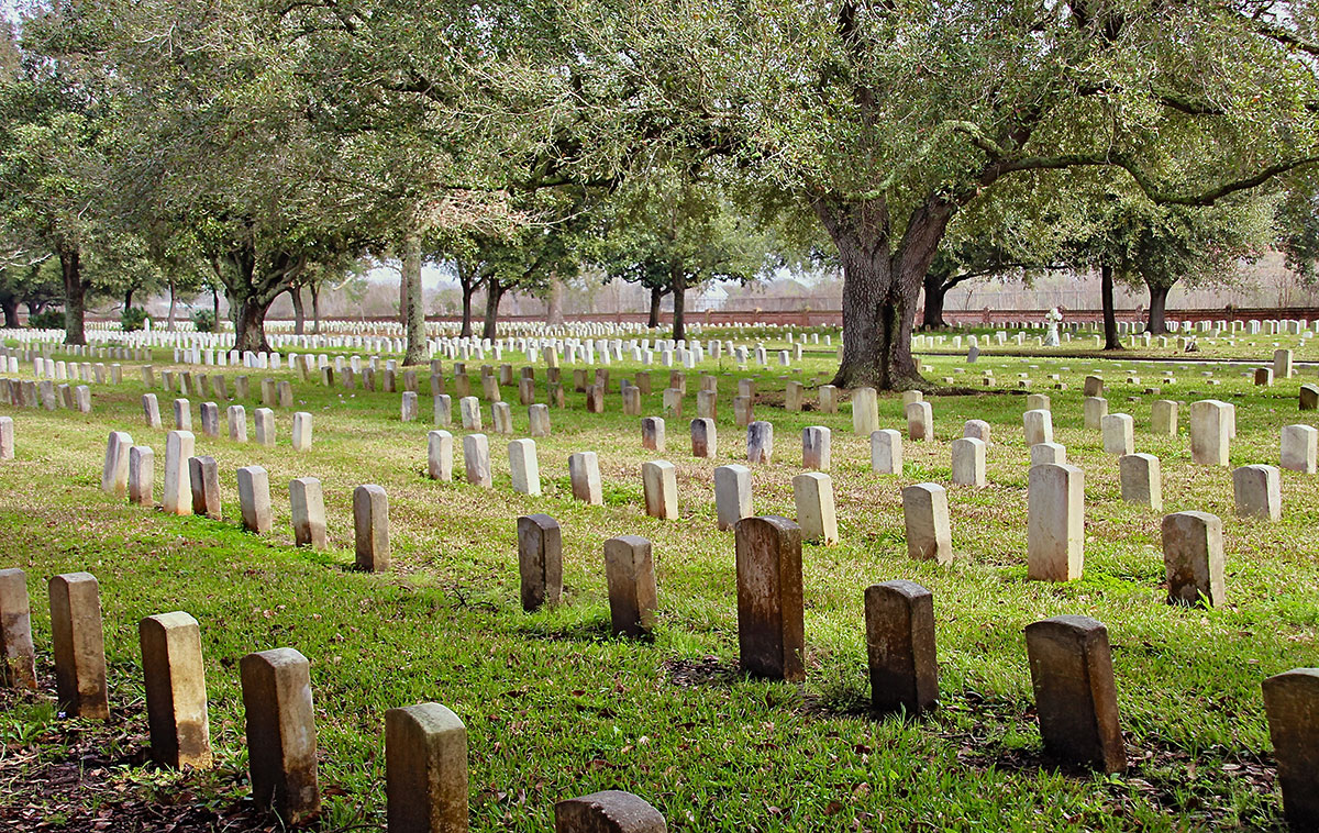 Veteran gravestones lined under southern oak trees at the Chalmette National Cemetery