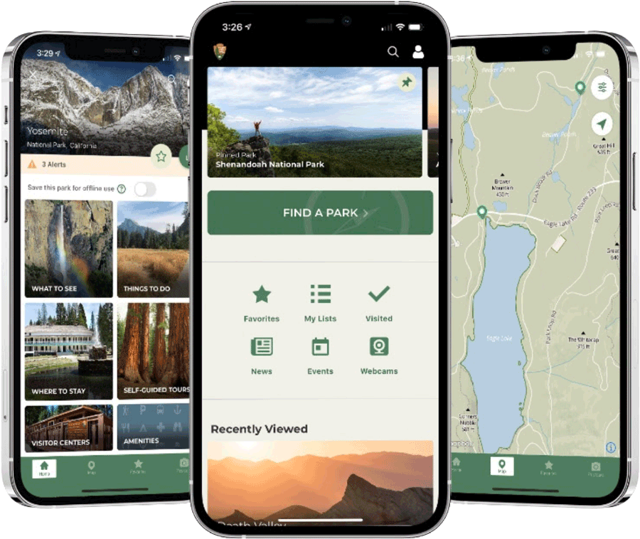 Three phones showcasing New NPS Visitor App