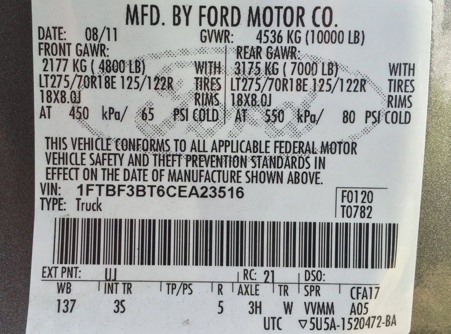 label that points out the gross vehicle weight rating and gross axle weight ratings