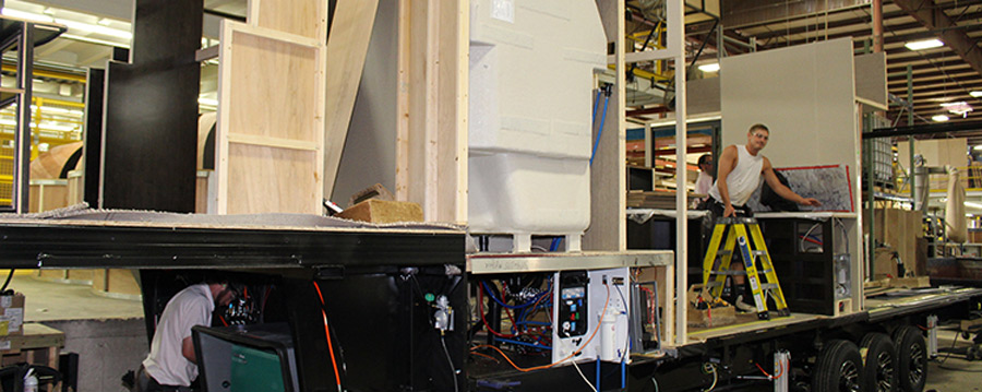 RVs, like this trailer, are built from the bottom up, inside out