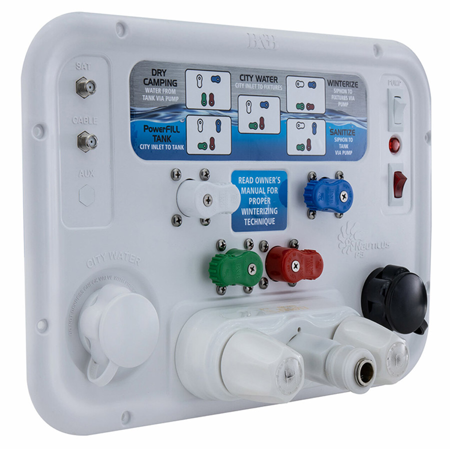 Many RVs have a utility panel, like this deluxe model by B&B Molders, which allows complete control of the water system from a single point