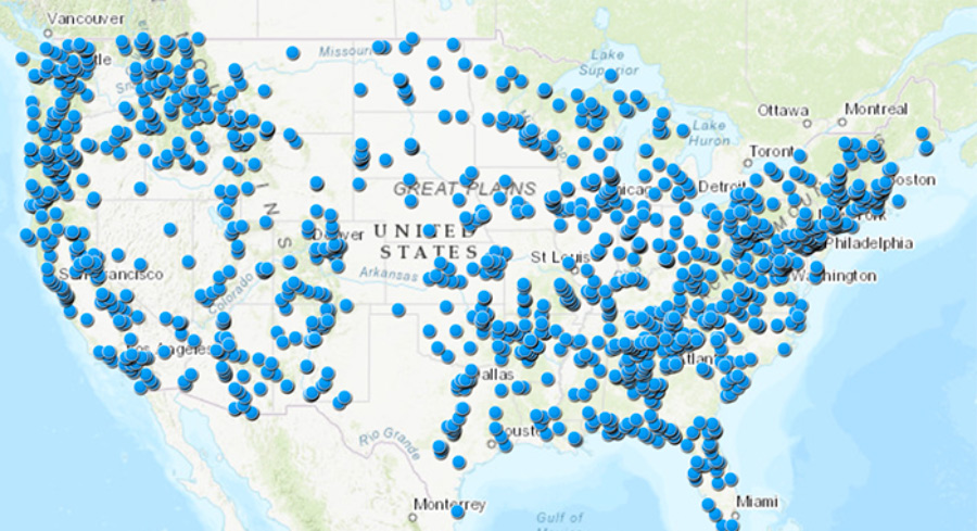 Plotted map of national recreation trails in the US