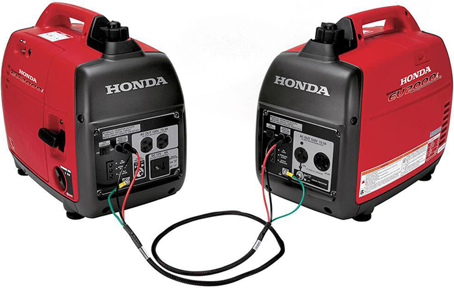A pair of Honda EU2000is generators with the parallel cable kit connected