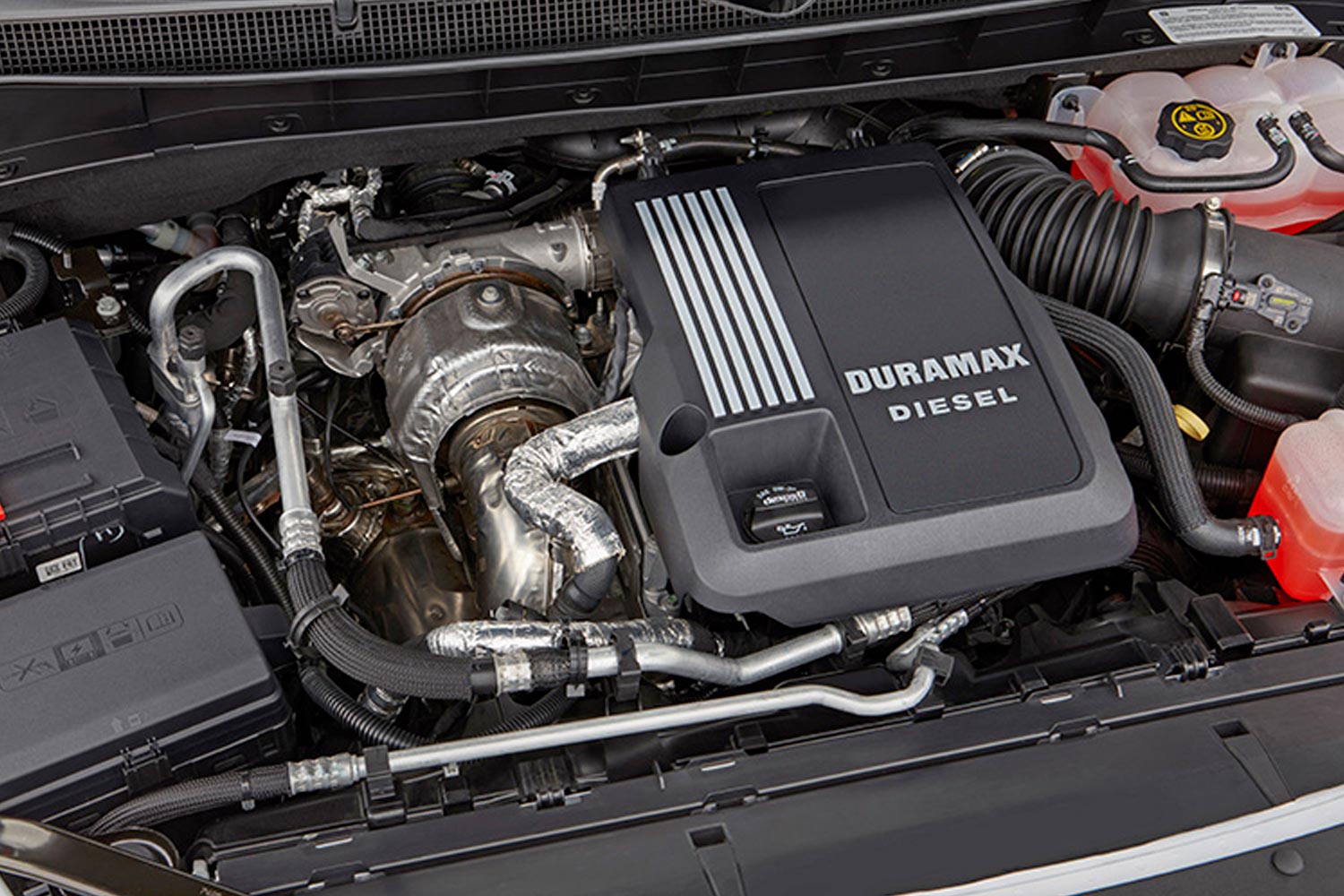 view of a Duramax diesel engine in a car
