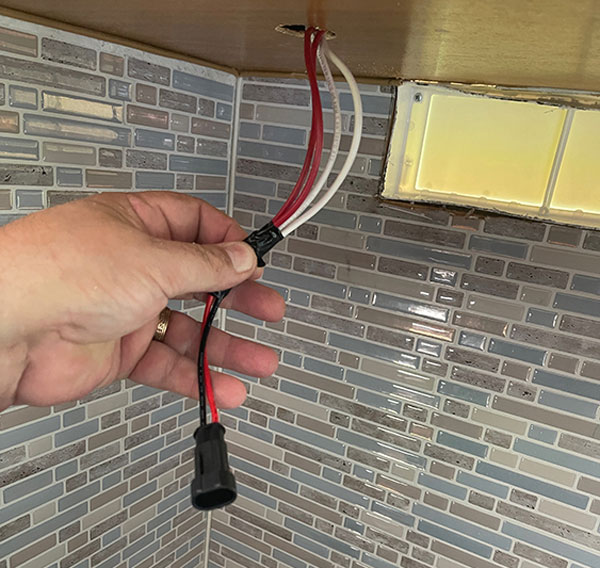 We used a two-wire quick connect to hook up the wiring. We could have just used solderless connectors, but this way it’s removable.