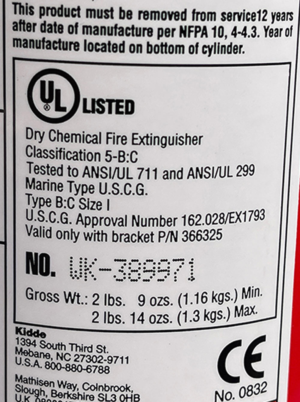 close view of a fire extinguisher UL listing sticker