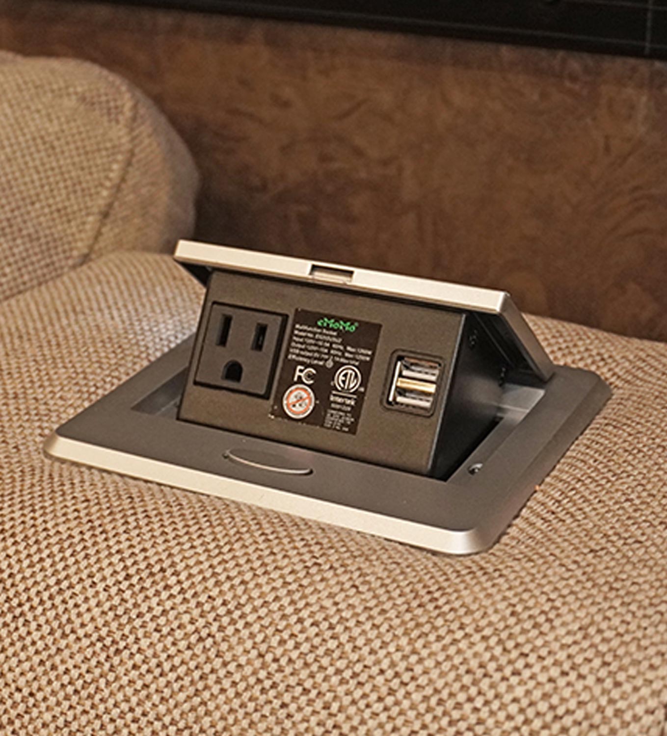 pop-up power station is built into the top portion of the center console