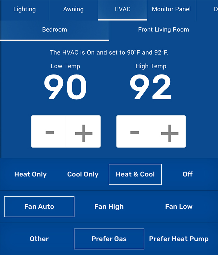 OneControl system screenshot of HVAC menu
