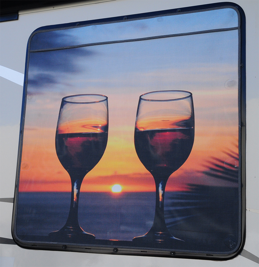 46- x 46-inch sunshade with a custom scene made for the picture window adjacent