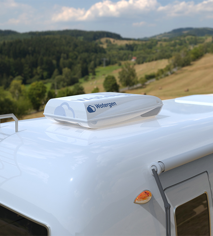 The low-silhouette of the Watergen unit fits snugly atop an RV.