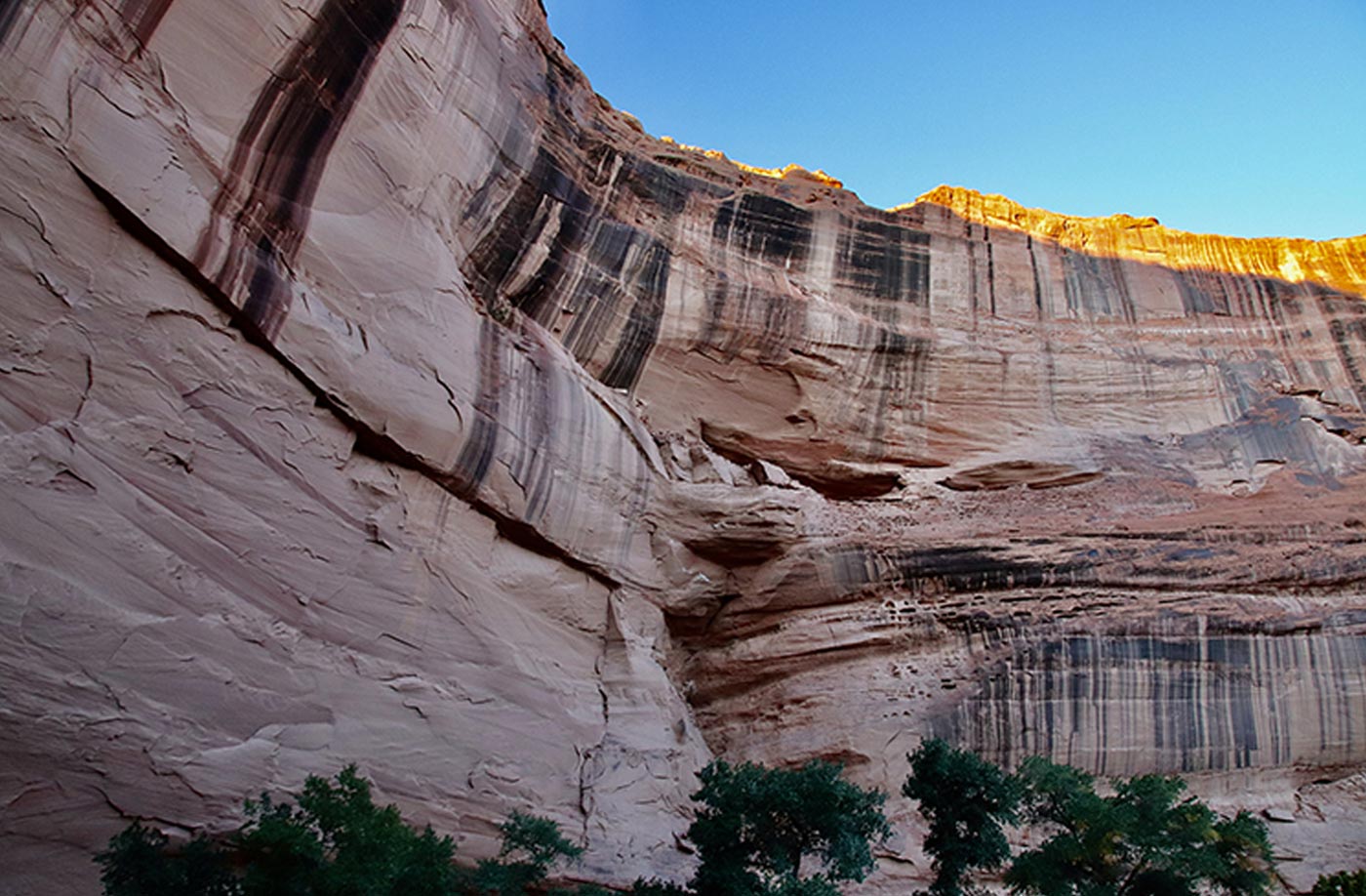 upward view of the canyon wall showing signs of years of mineral deposits and erosion