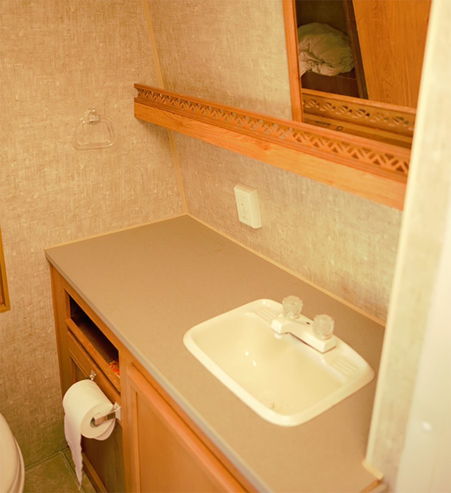 RV bathroom countertop before restoration