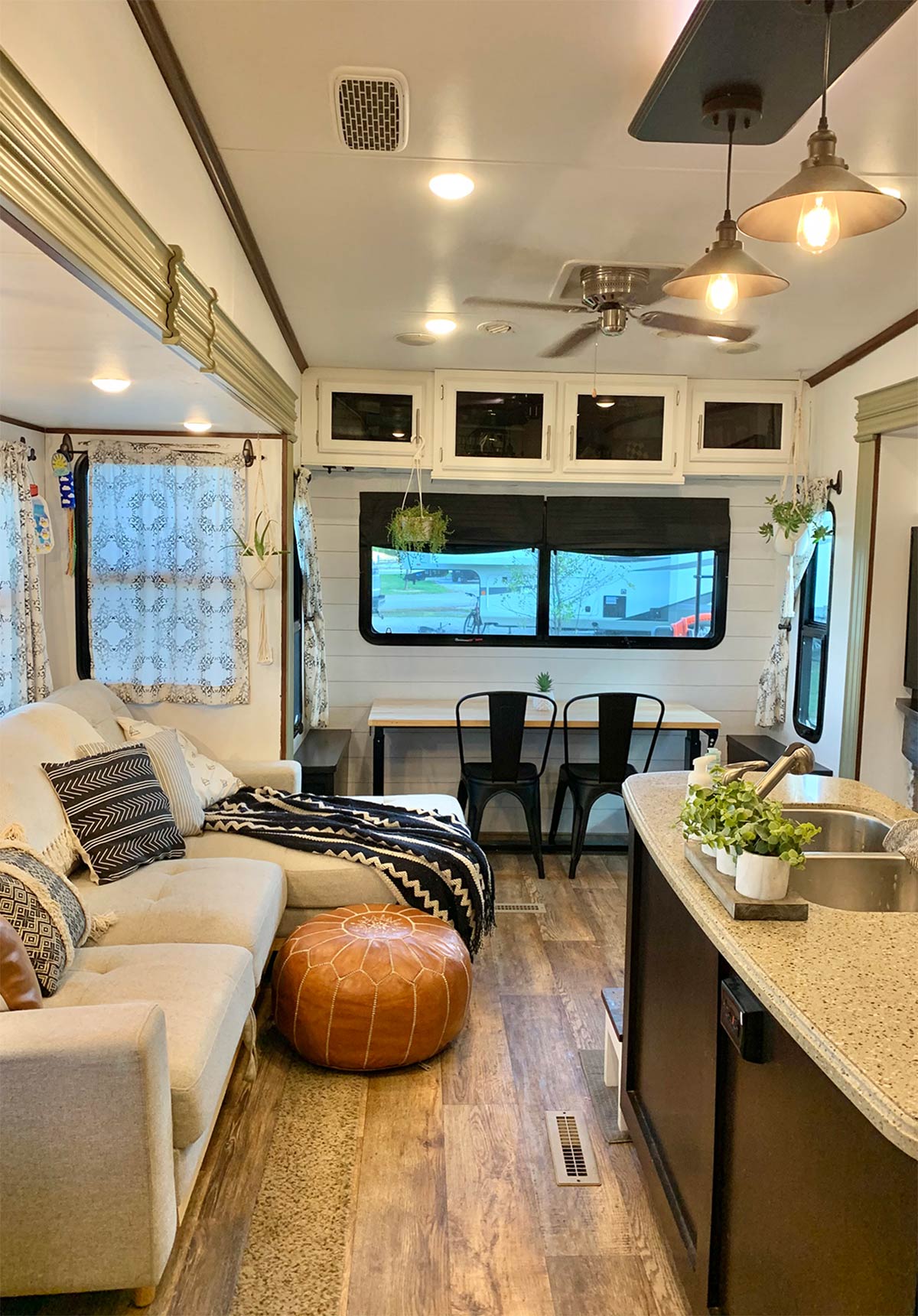 inside of RV with boho decorations