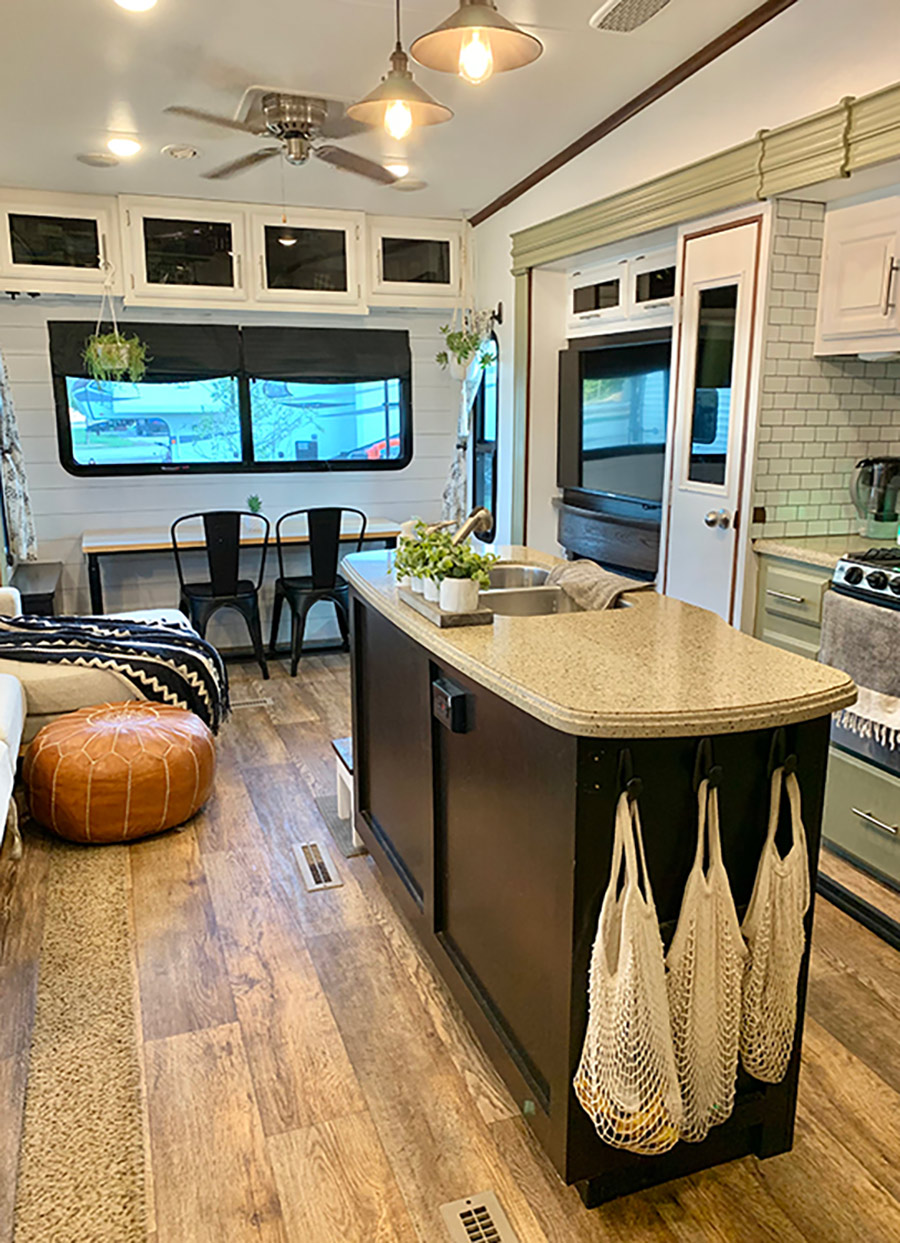 island countertop with bags hanging