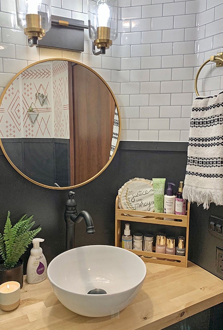 bath area transformed with peel-and-stick Tic Tac subway tile