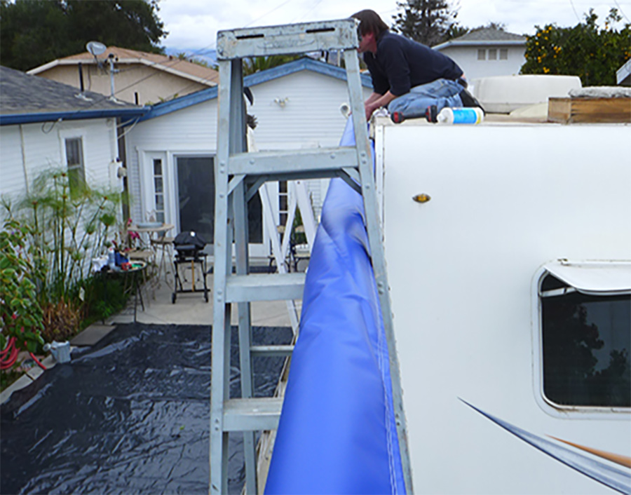 Ladder holding awning