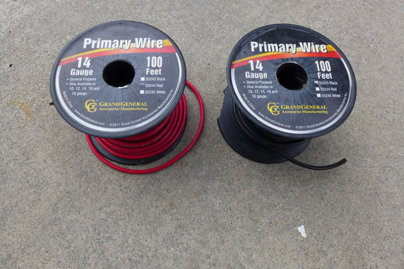 Wiring for power will require 14-gauge primary wire, which is available in hardware and auto parts stores and online