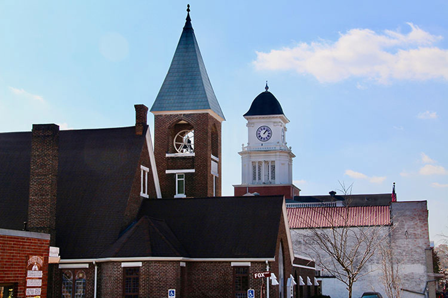 the skyline of Jonesborough, featuring numerous historic buildings, churches and a courthouse
