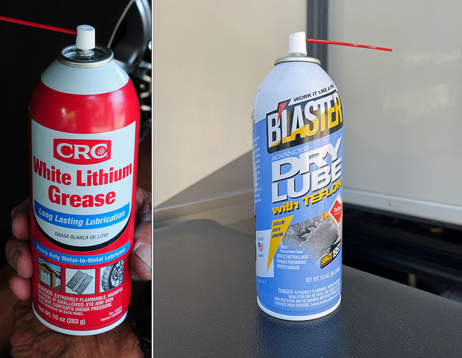 CRC White Lithium Grease and Blaster Dry Lube with Teflon provide a one-two punch in the elimination of slide-out mechanism friction and annoying noises