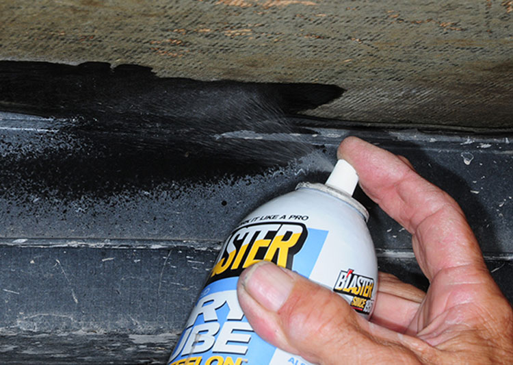 Blaster Dry Lube with Teflon does a great job of lubricating the surfaces at the confluence of the RV and slide-out floors