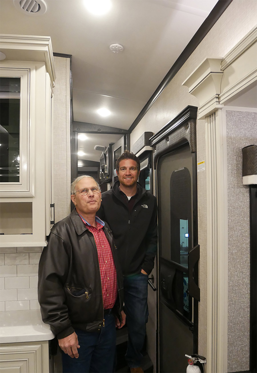 Ryan Forgey and Greg Baumgartner inside a Jayco fifth wheel fitted with JayVoice