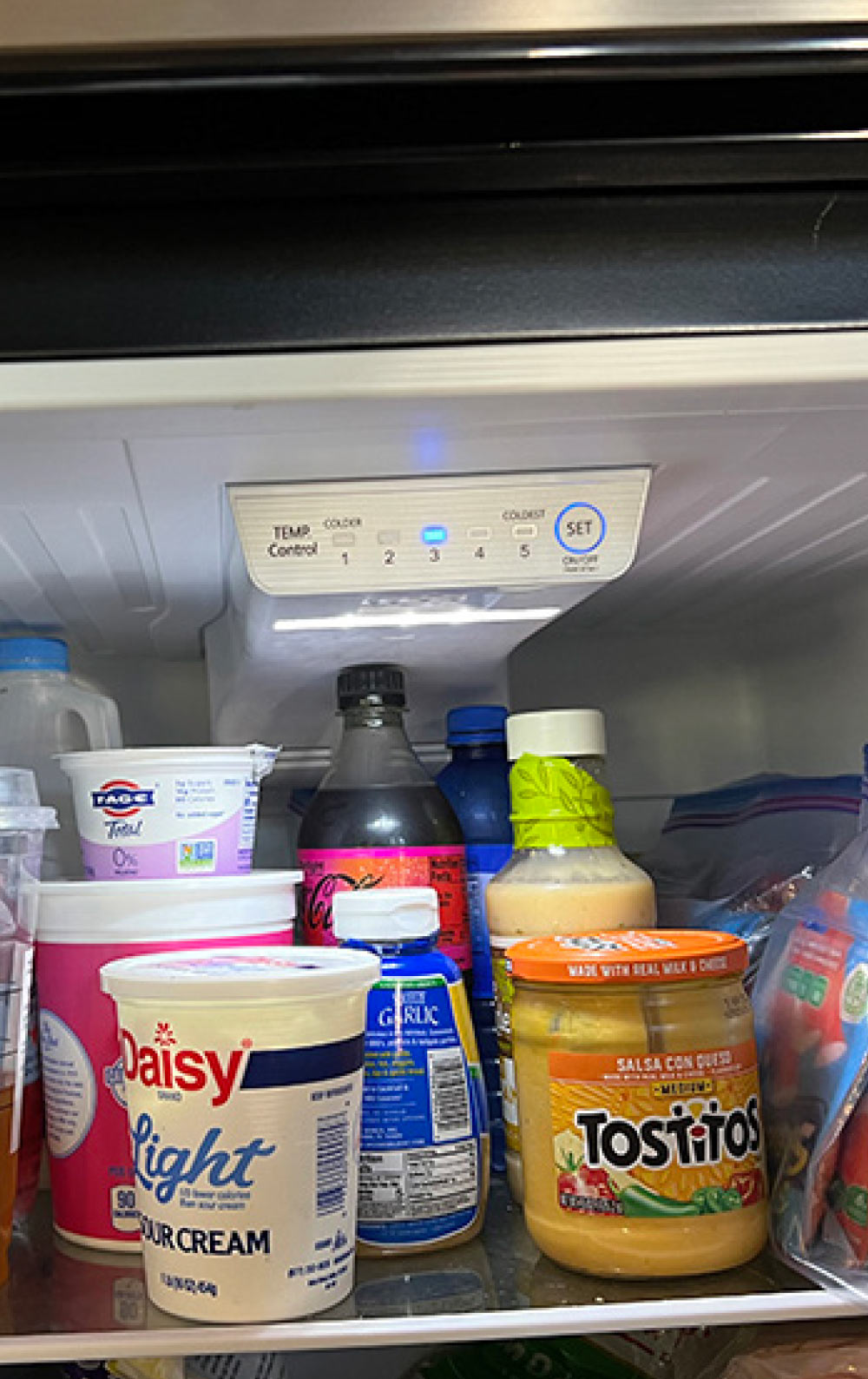 Temperature controls are in a panel attached to the top of the refrigerator
