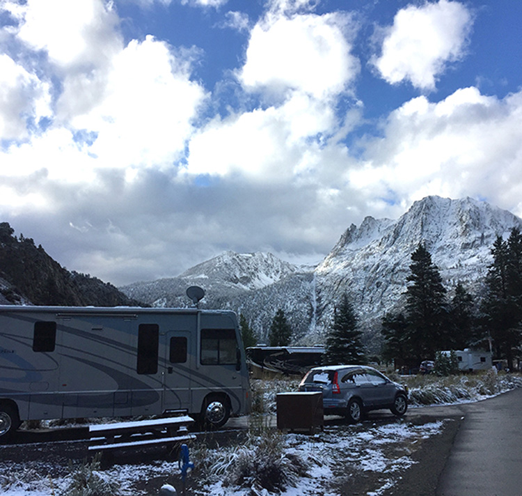 When camping in cold weather, it’s important to survey the RV to make sure the water lines, demand pump, holding tanks and interior are protected from frigid air