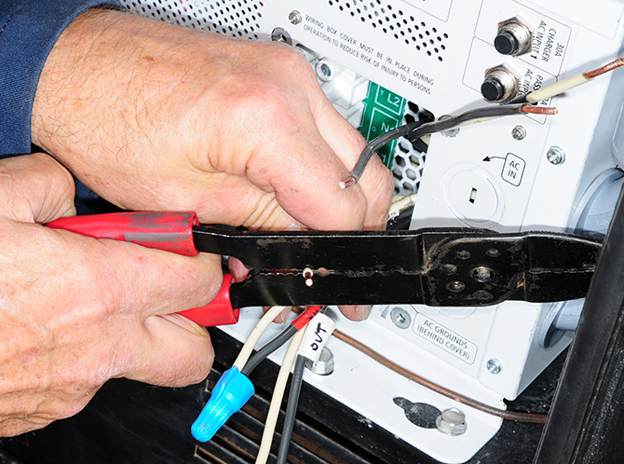 ends of all the wires were cut and stripped to fit precisely into the appropriate terminals in the inverter/charger