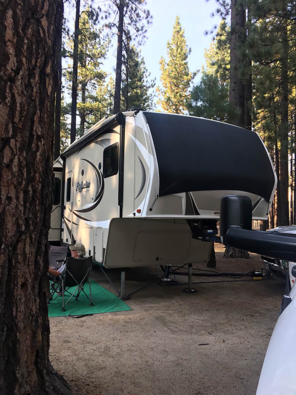 RV parked under trees