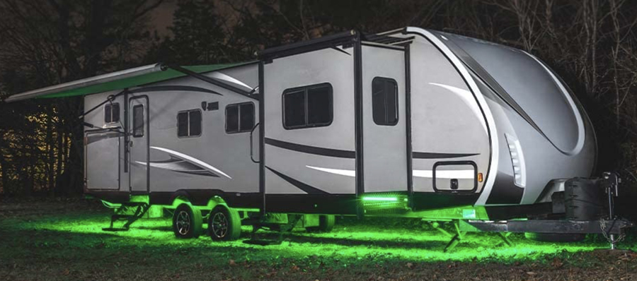 trailer with green lights beneath it