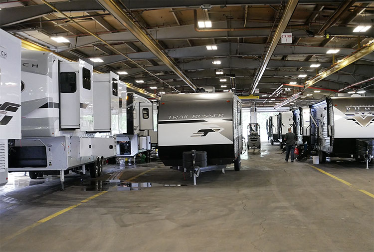 Inside Fun Town RV’s PDI (pre-delivery inspection) center in Elkhart, where technicians inspect about 85% of the units being shipped to any of the dealer’s locations throughout Texas