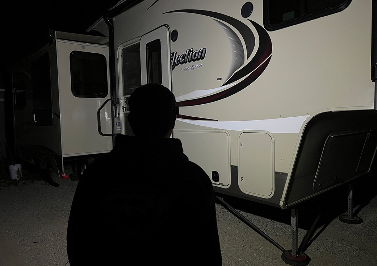 Silhouette standing in front of RV 