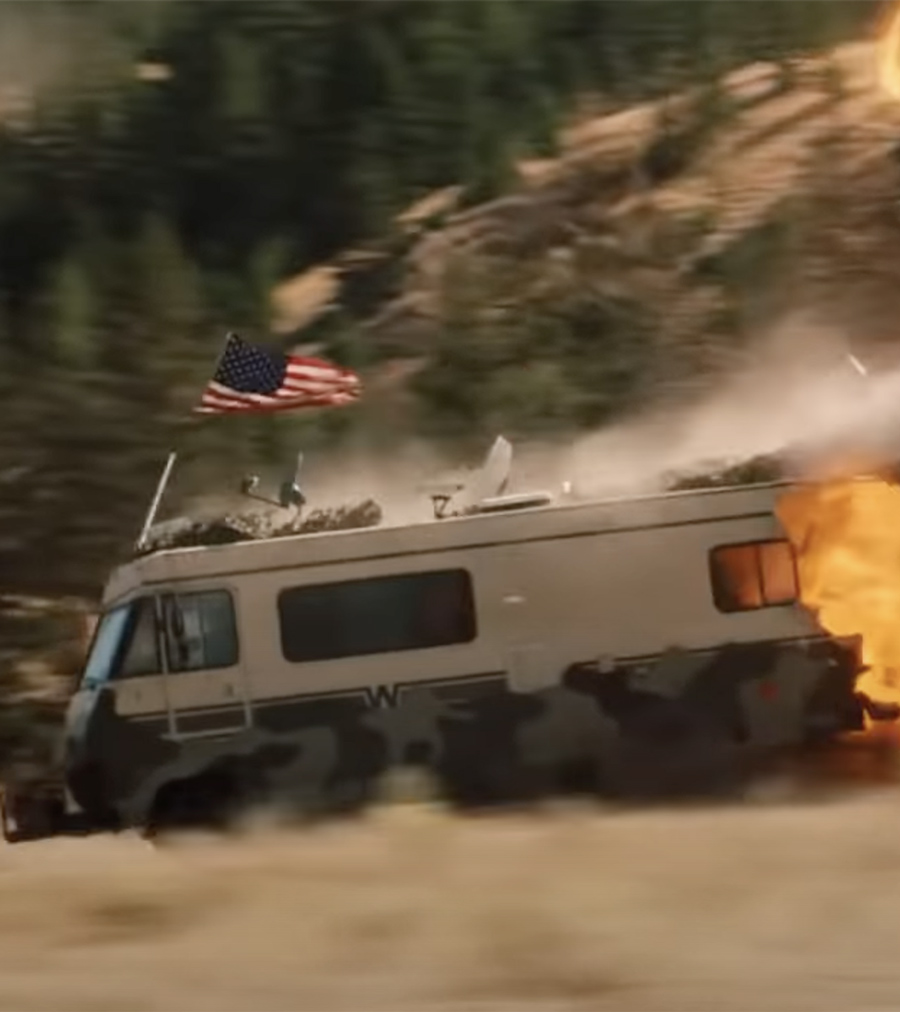 RV on fire rolling down a hill