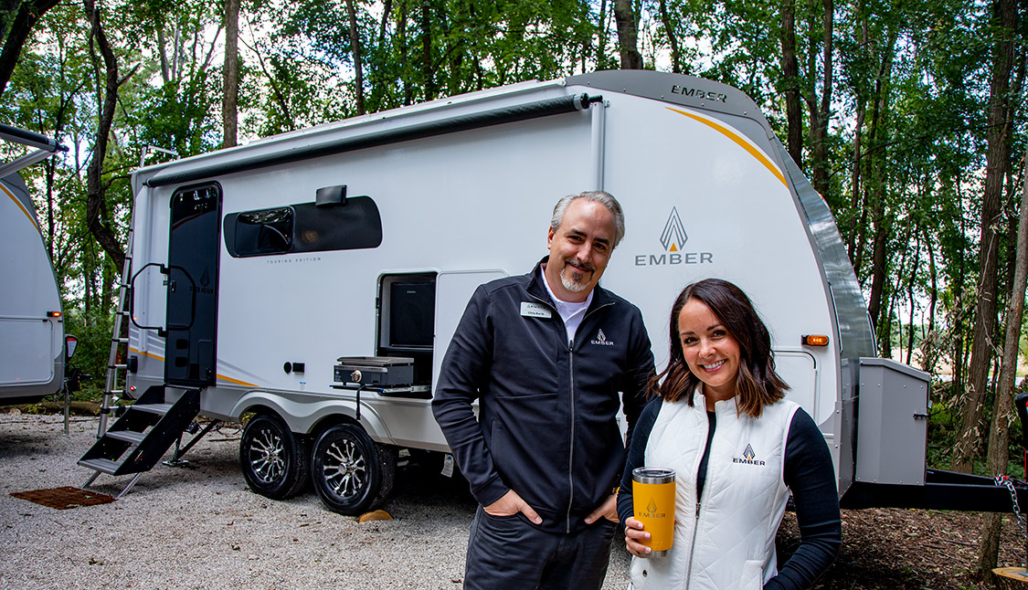 Ember RV COO Chris Barth and CEO and President Ashley Bontrager with the new Touring Edition 20FB