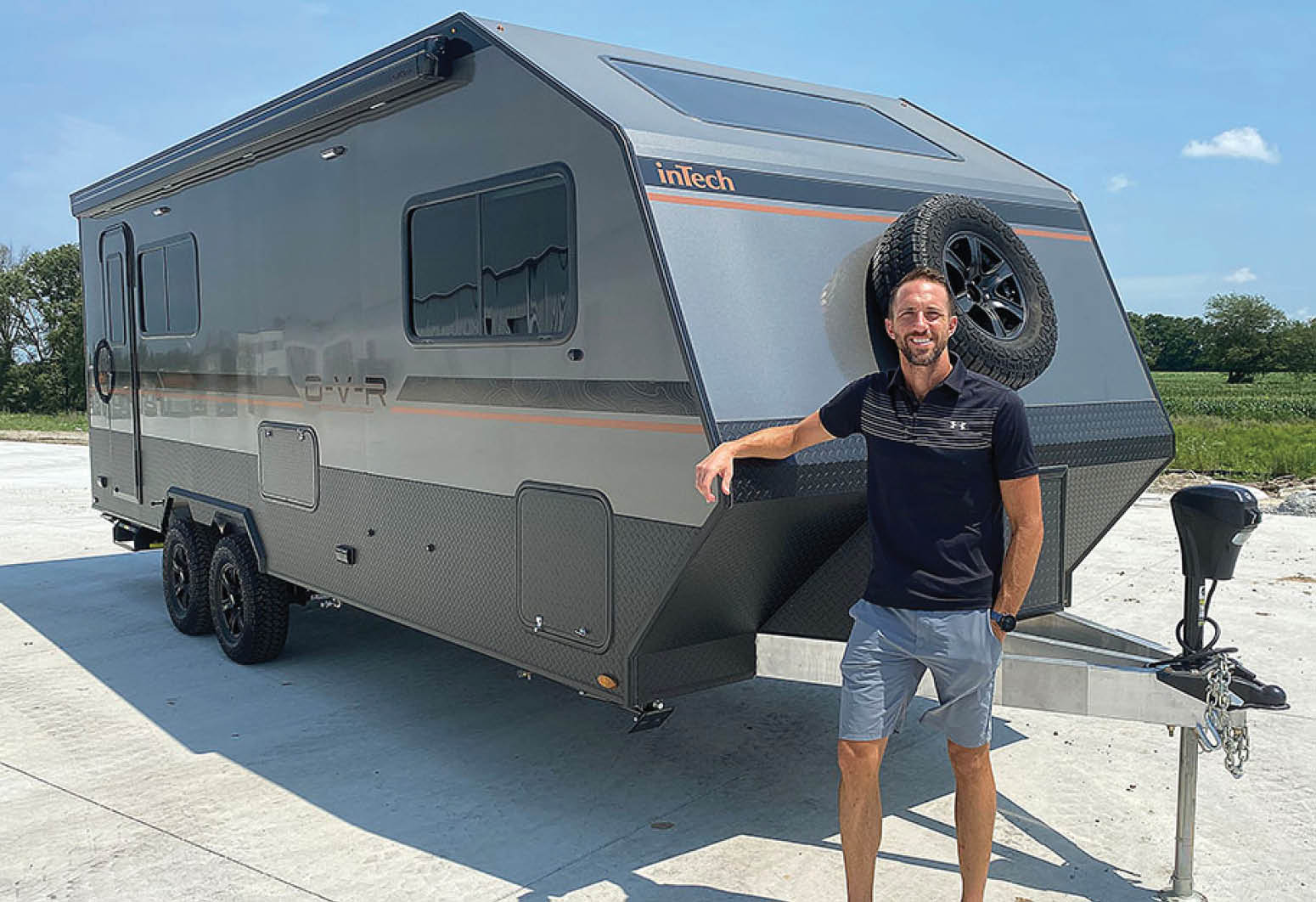 inTech sales manager Keith Fishburn with inTech’s rugged new O-V-R travel trailer.