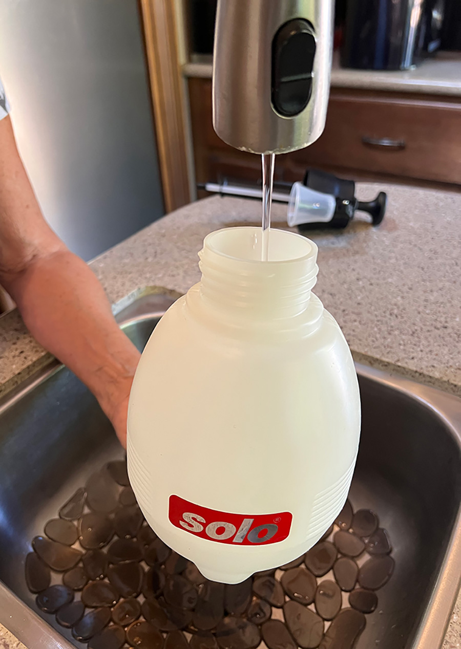 The Solo cannister was filled with one liter of water before adding about 1/2-ounce of No Rinse concentrate. Just do the math to determine how much concentrate to add, depending on the spray bottle size. No Rinse is powerful stuff, so you’ll only be adding a small amount of concentrate.