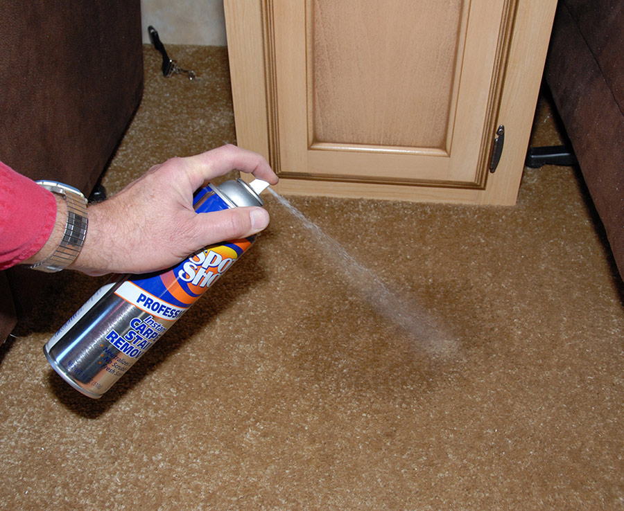 hand using a spray bottle on a carpet stain