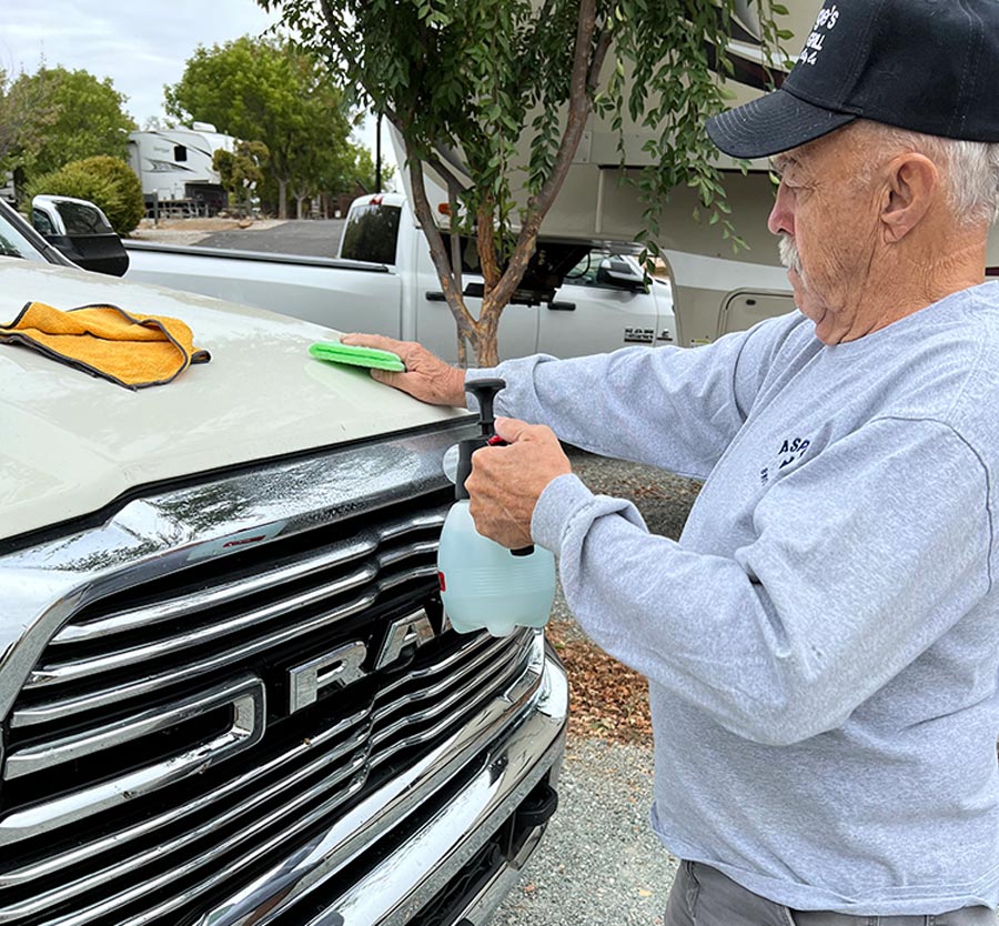Collecting squashed bugs on the front of any tow vehicle/RV is inevitable — and subsequent cleaning is not fun. Here’s how we learned to wipe away bug remnants with almost no effort