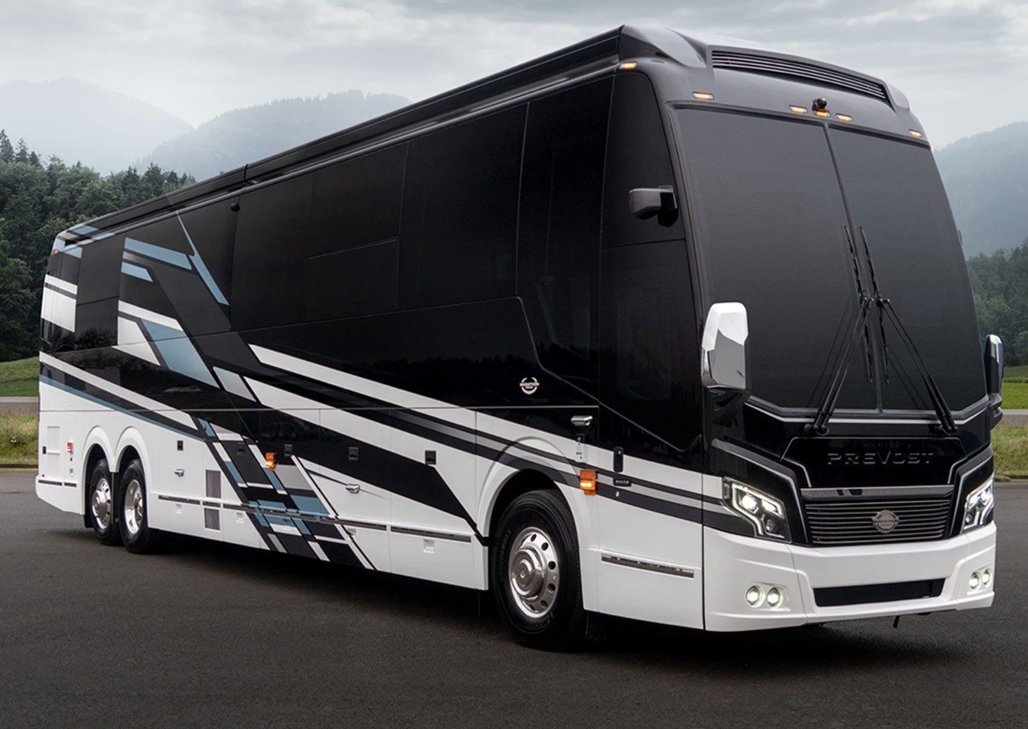 three quarter front view of the Marathon Prevost-Based Luxury Coach