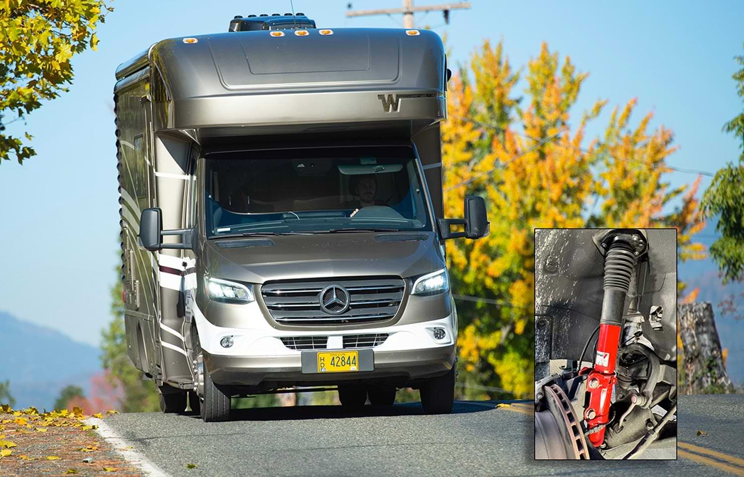an image of a Mercedes RV riding down a road superimposed with the image of a KONI Red installed on a vehicle