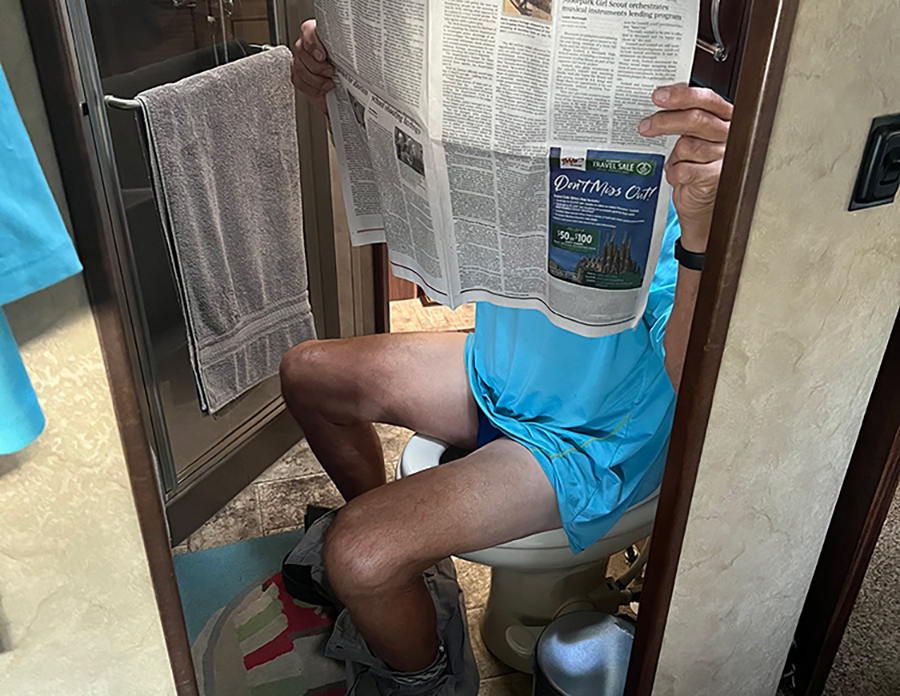 A person seated on the toilet reading a newspaper
