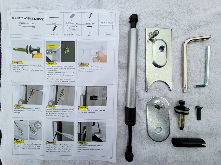 The Tailgate assist kit includes all the parts necessary — and even a couple of rudimentary tools — to install the parts in about an hour. Instructions come with photos but still required some intuition.