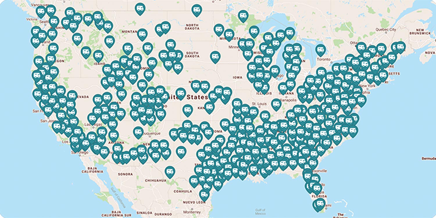 screen capture of an interactive map from CampersCard highlighting the campgrounds that participate in the new program