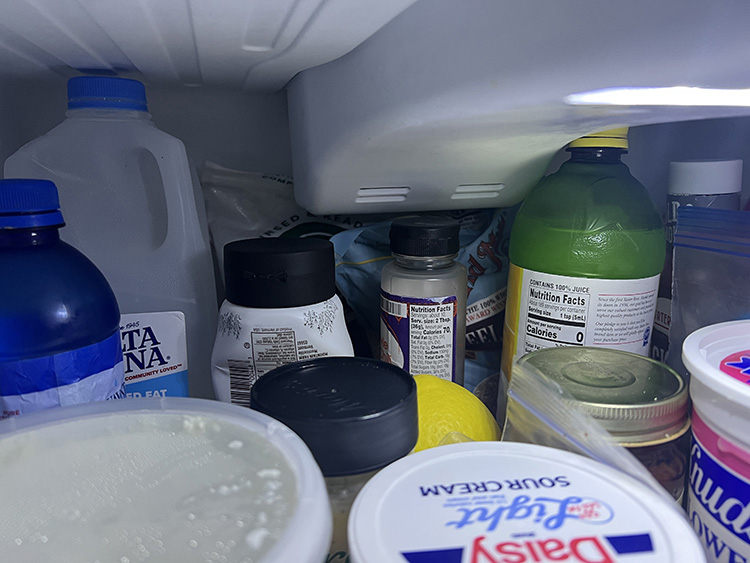 inside of a refrigerator with condiments