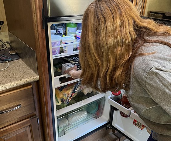 Woman grabbing fan inside refrigerator