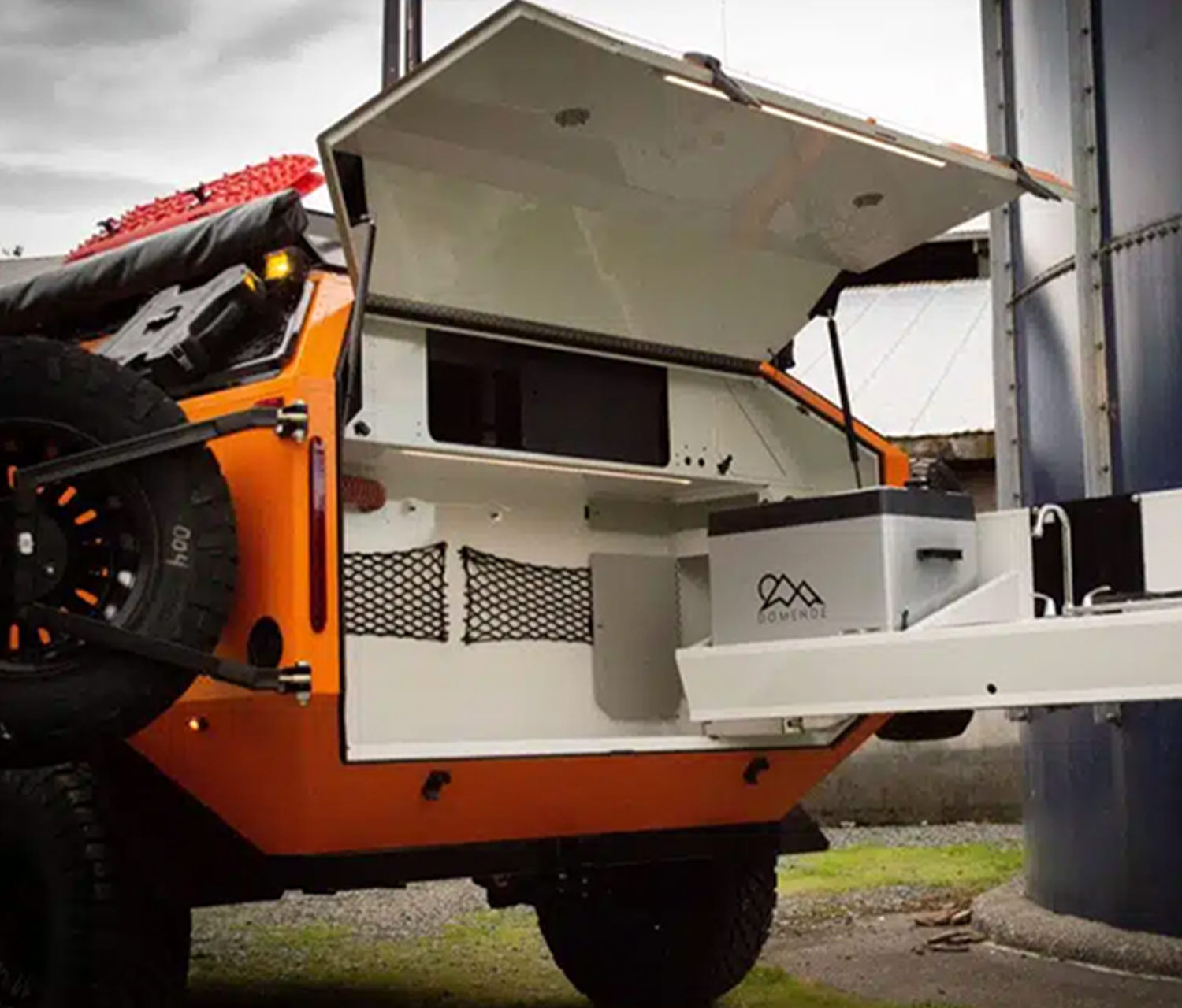 rear view of the Mammoth “Extinction-Level Event” (ELE) trailer with the back gate open