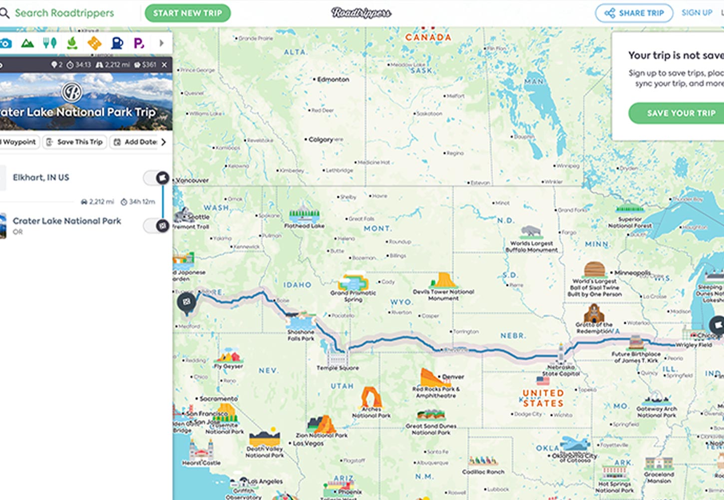 screen capture of the Roadtrippers location search page