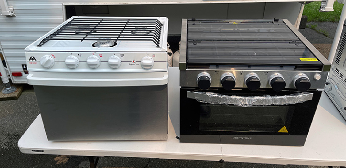 Whether new or old, RV gas ranges, which come in various sizes, need to be maintained to operate properly and last a long time. Here, a legacy Atwood range from 2005 is on the left, with a new Greystone range on the right.